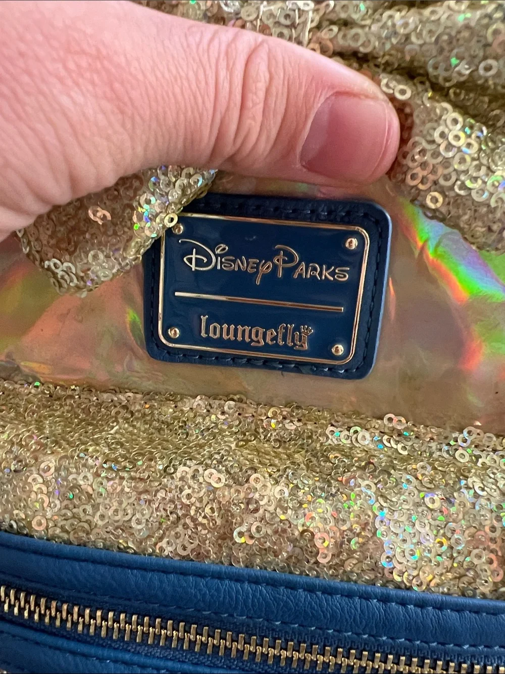 Loungefly Gold Sequin Minnie Ears Holographic Kids Mini Backpack with Navy Trim